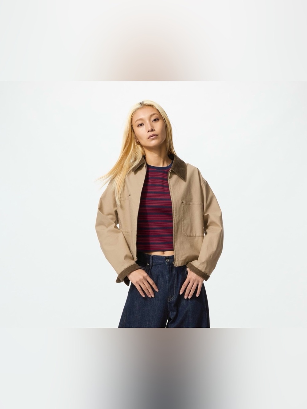 Olive Green Zip Up Crop Jacket with Brown Corduroy Collar - Uniqlo - Picture 7 of 8
